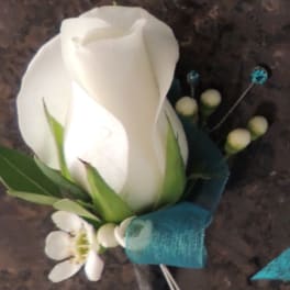 White & Teal Boutonniere with Bling Rhinestone