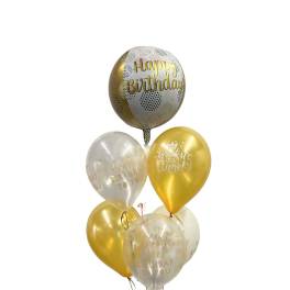 Cluster of gold and clear birthday balloons with printed messages