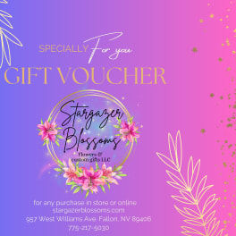 Gift voucher graphic with pink flowers on a purple and pink background