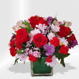 Mixed arrangement of red roses, red carnations and pastel blooms in a clear glass cube vase