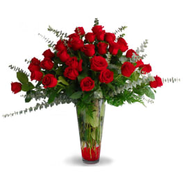 Red roses arranged in a tall clear vase with eucalyptus