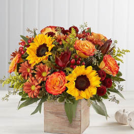 Autumn bouquet with sunflowers, orange roses, and red mums in a wooden box