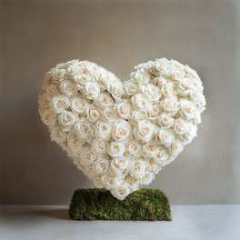 Heart-shaped arrangement of white roses on a moss-covered base