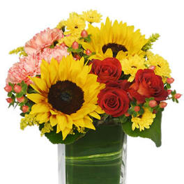 Sunflowers, red roses, and pink carnations in a glass vase
