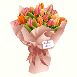 Bouquet of pink and orange tulips wrapped in blush paper