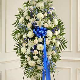 Deepest Sympathies Blue & White Standing Spray