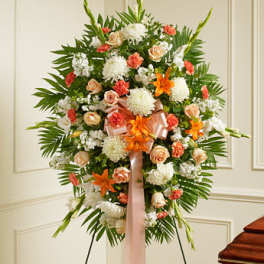 Deepest Sympathy Standing Spray-Peach/Orange/White
