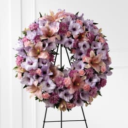 Pink and lavender wreath on easle