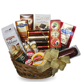 Gift basket with assorted chocolates and cookies in a wicker basket