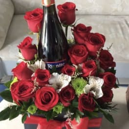 Box flowers and wine