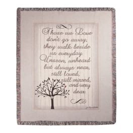 Fringed memorial throw with a quote and tree graphic