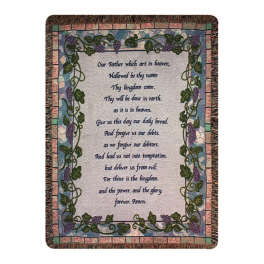 Decorative woven blanket with a prayer printed in the center