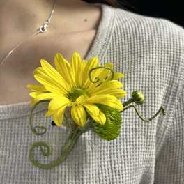 Yellow daisy boutonniere pinned to a sweater