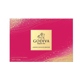 Godiva assorted chocolate box in bright pink packaging
