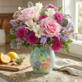 Pink roses and purple flowers arranged in a painted vase