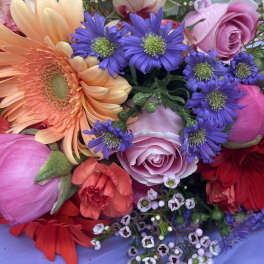 Mixed bouquet with gerbera daisies, roses, and purple asters
