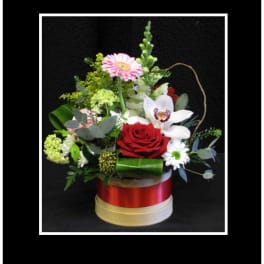 Mixed bouquet with a red rose, white orchid, and pink gerbera in a round box