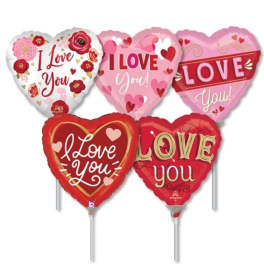 Five heart-shaped "I love you" balloons in pink, red, and white