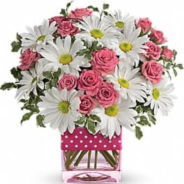 Pink roses and white daisies in a clear square vase with a polka-dot wrap