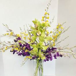 Tall orchid arrangement in a clear glass vase with yellow and purple blooms