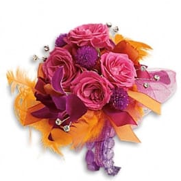 Pink rose bouquet with purple accents and orange feathers