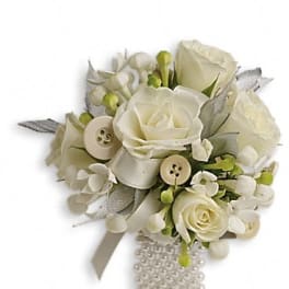 White rose bouquet with pearl and ribbon accents