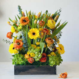 Mixed orange and yellow flowers in a dark wooden box
