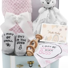 Baby gift basket with a pink blanket, plush fox, socks, and a card