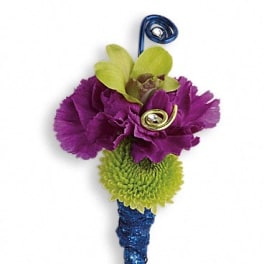 Purple and green boutonniere with blue wrap and decorative pins