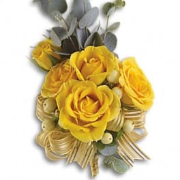 Yellow rose bouquet with eucalyptus and gold ribbon