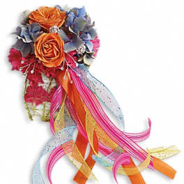 Orange rose corsage with blue flowers and long colorful ribbons