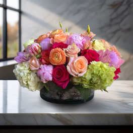 Mixed bouquet of roses, ranunculus, and hydrangeas in a low round container