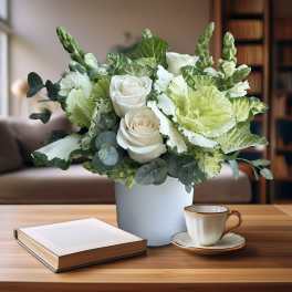 White roses and green ornamental cabbage in a white vase