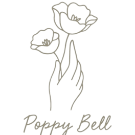 Minimalist logo of a hand holding two poppy-like flowers with the text Poppy Bell Flowers below