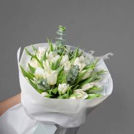 Bouquet of white tulips wrapped in white paper