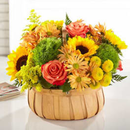 Basket arrangement with sunflowers, roses, and orange daisies