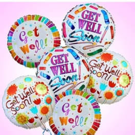 Cluster of colorful get-well balloons with printed messages