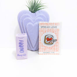 Lavender pumpkin-shaped planter with an air plant, plus lip balm and an enamel pin