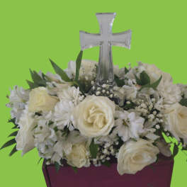 White rose and daisy arrangement with a clear cross topper
