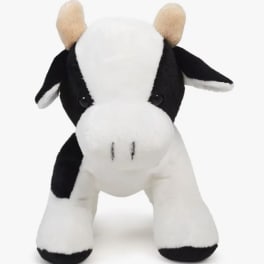 Black-and-white plush cow toy facing forward