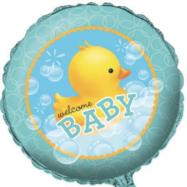 Round teal balloon with a yellow duck and the words welcome BABY