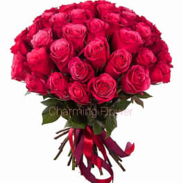 Bouquet of red roses tied with a red ribbon