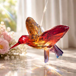 Crystal hummingbird ornament hanging in front of pink flowers