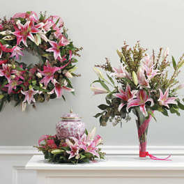 Asiatic Lily Urn Arrangement, Wreath, and Vase Arrangement