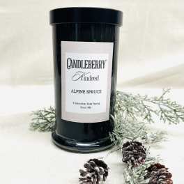 Black candle jar labeled Alpine Spruce with frosted pine sprigs and pinecones