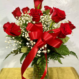 Dozen long Stemmed Red Roses with Baby's Breath