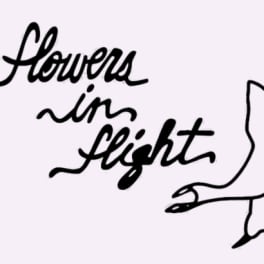 Text reading "flowers in flight" with a line-drawn bird on a pale pink background.