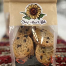 Bag of chocolate chip cookies with a sunflower logo label