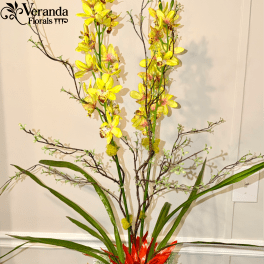 Tall tropical arrangement with yellow orchids and red bromeliad in a gold pot