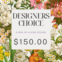 Designer’s choice floral arrangement card with assorted flowers and $150 price